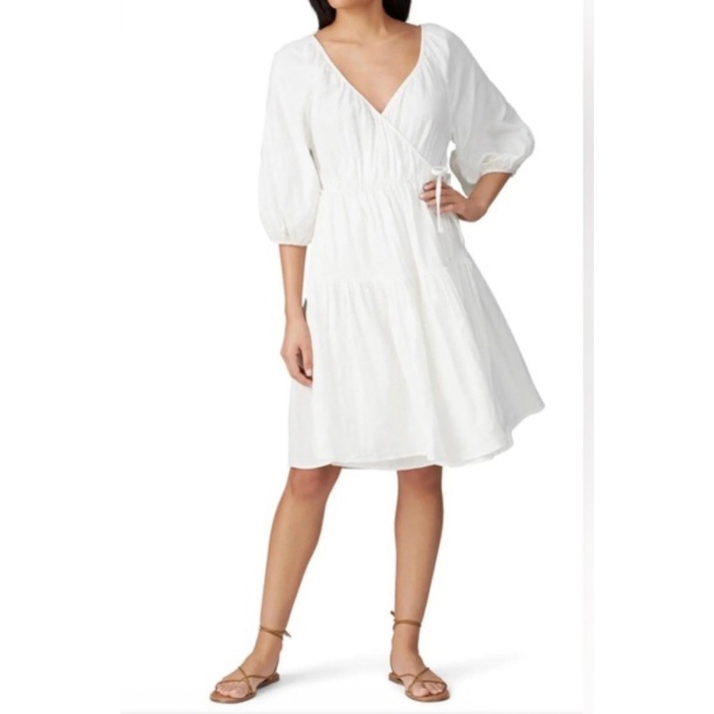 Love Whit Whitney Port White Cotton Wrap Tiered Puff Sleeve Dress Small NWT $276